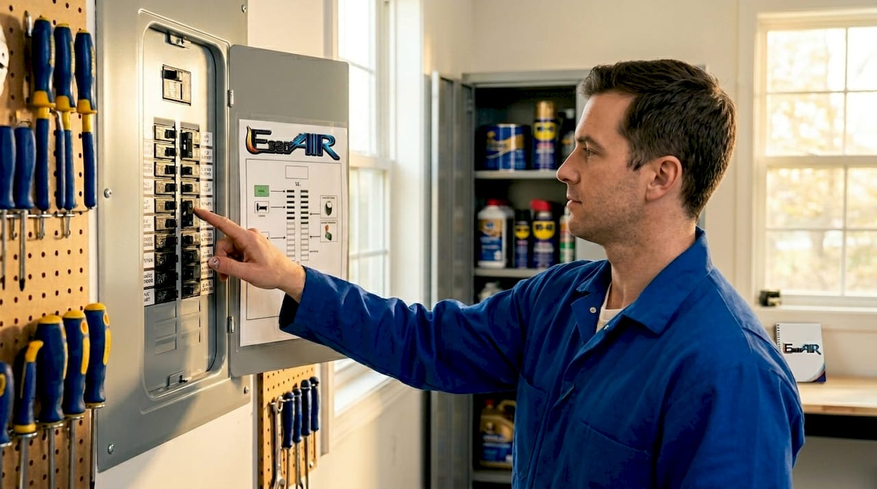 Person resetting HVAC breaker in laundry room