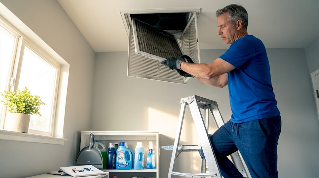Homeowner replacing dusty air filter in ceiling vent