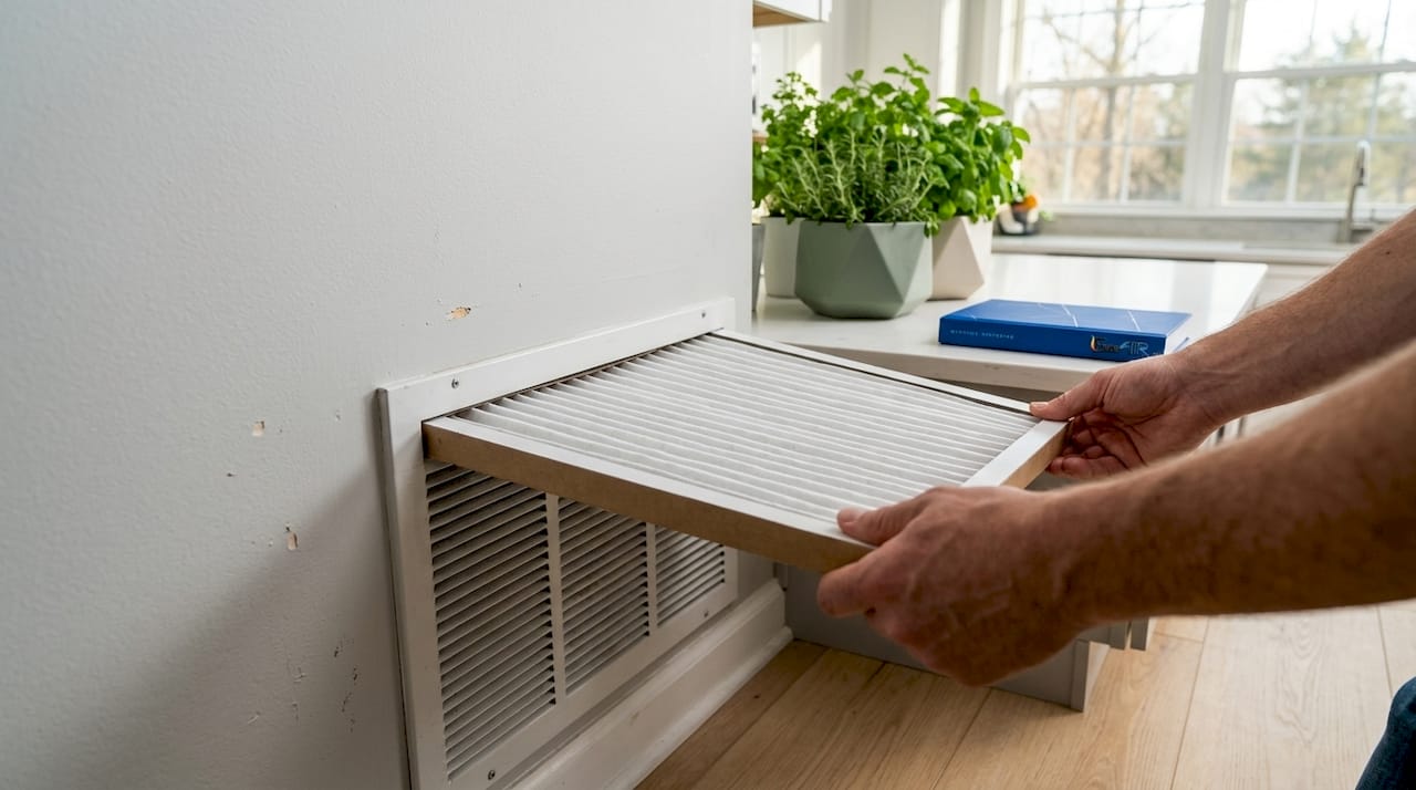 Homeowner removing HVAC air filter indoors
