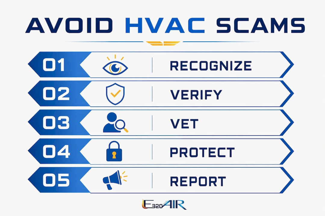 Infographic outlining 5-step process to avoid HVAC scams in Southern California