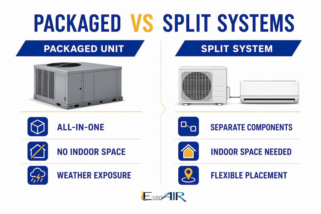 Infographic comparing packaged and split HVAC systems