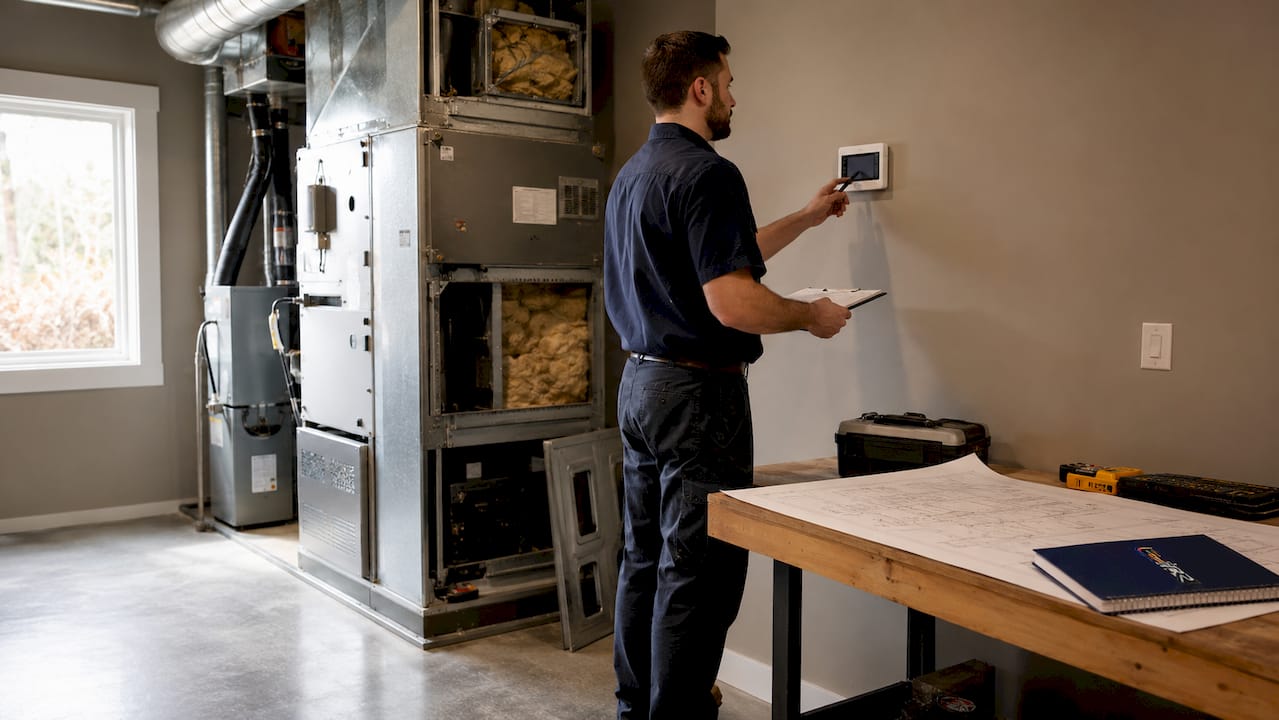 Technician adjusting HVAC system controls