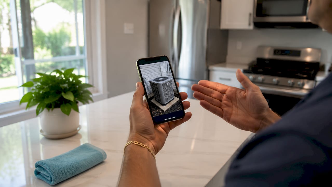 Hands showing HVAC photo inspection on smartphone