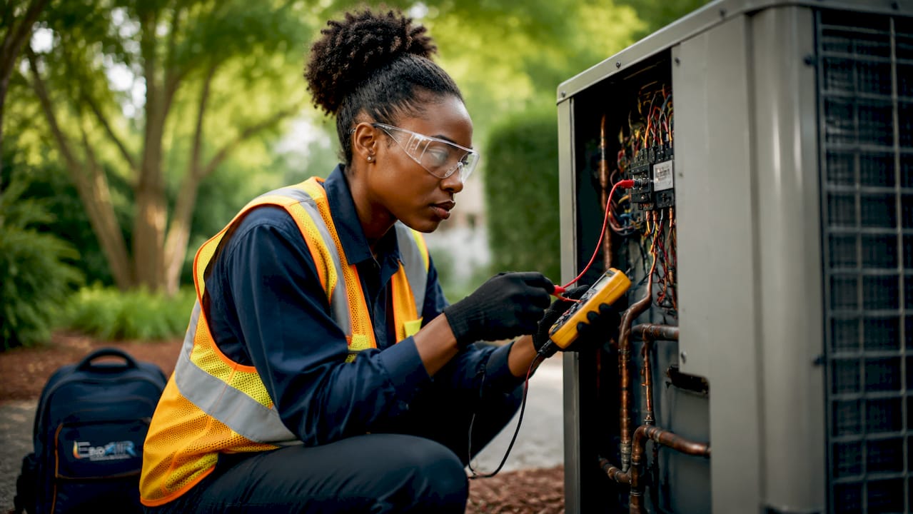 HVAC trainee working on HVAC unit wiring