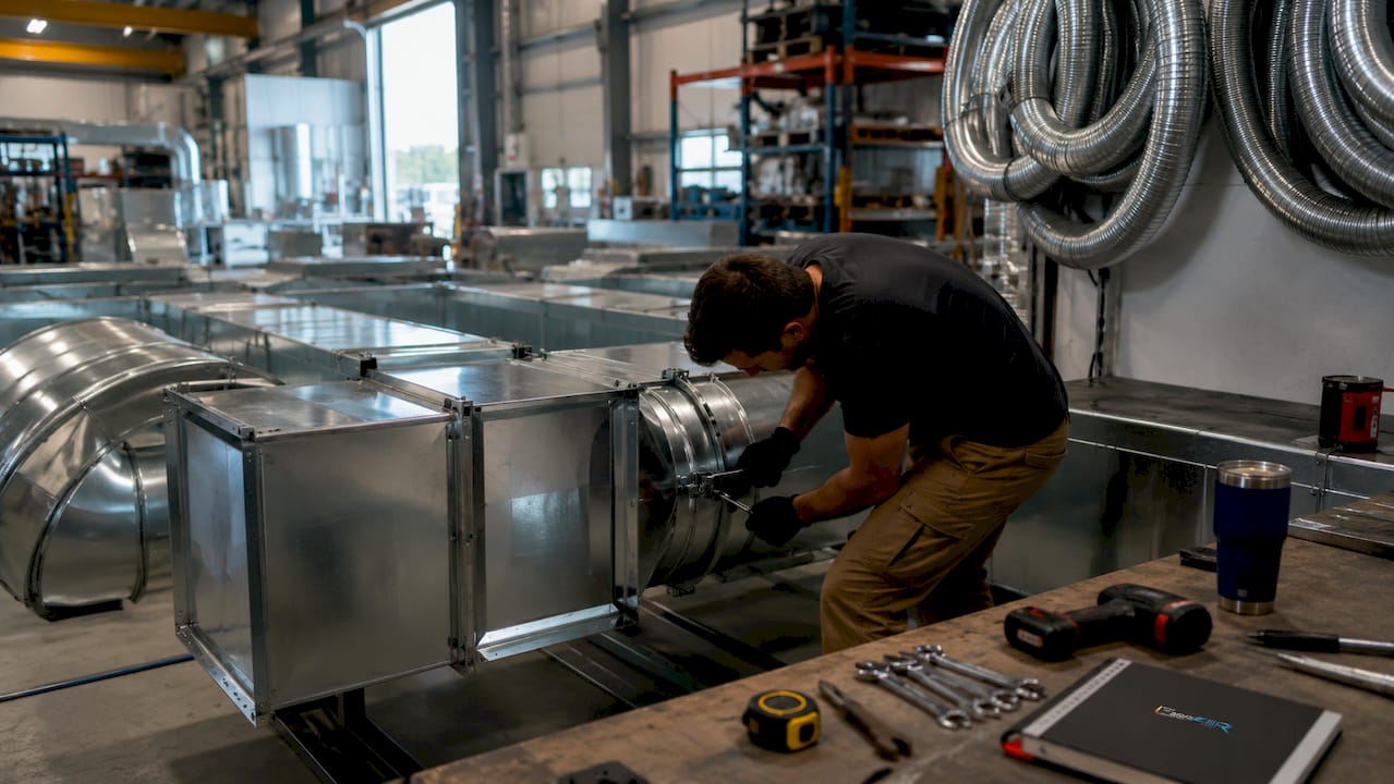 Close-up of sheet metal duct installation hands