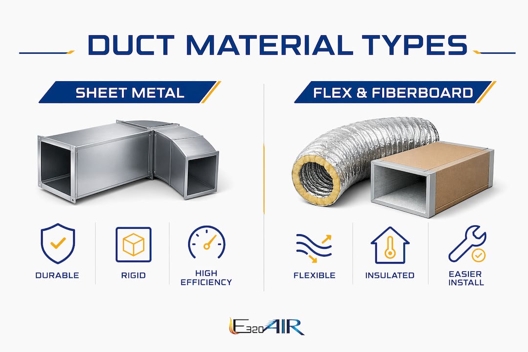 Infographic comparing sheet metal and flex fiberboard ducts