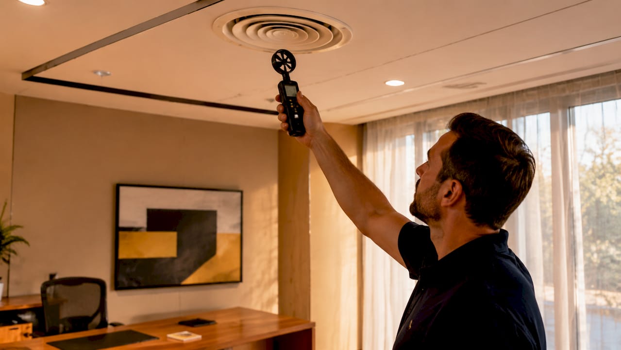 Close-up hand measuring airflow with anemometer