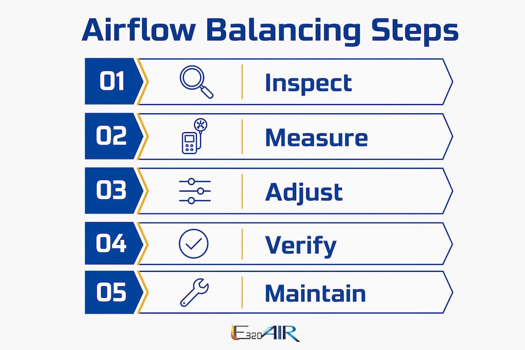 Infographic showing airflow balancing workflow steps