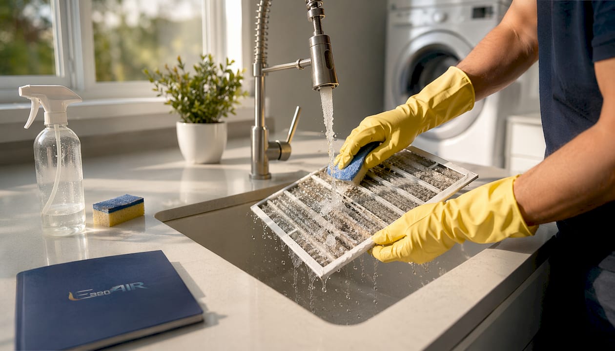 Hands rinsing HVAC filter in kitchen sink