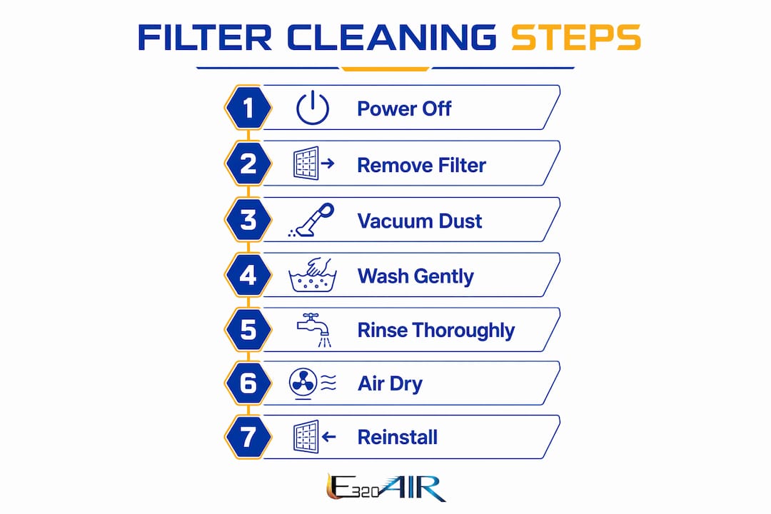 Infographic illustrating HVAC filter cleaning steps