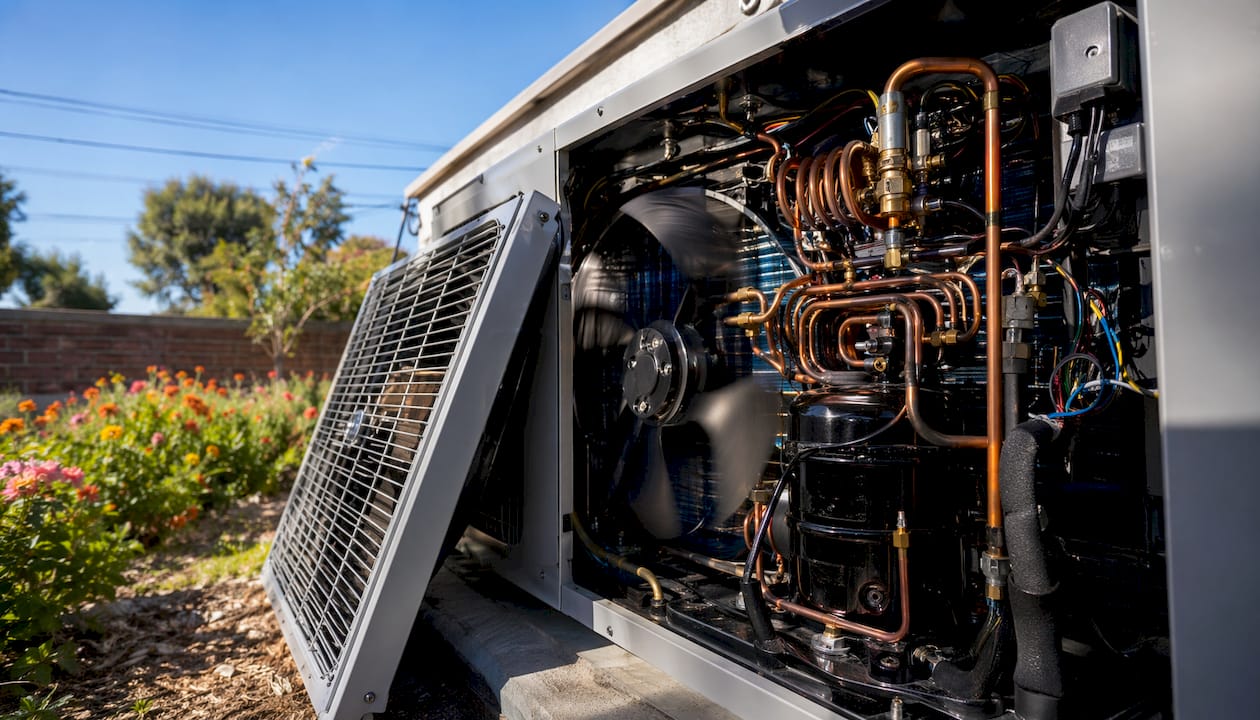 Close-up of AC condenser compressor and coils