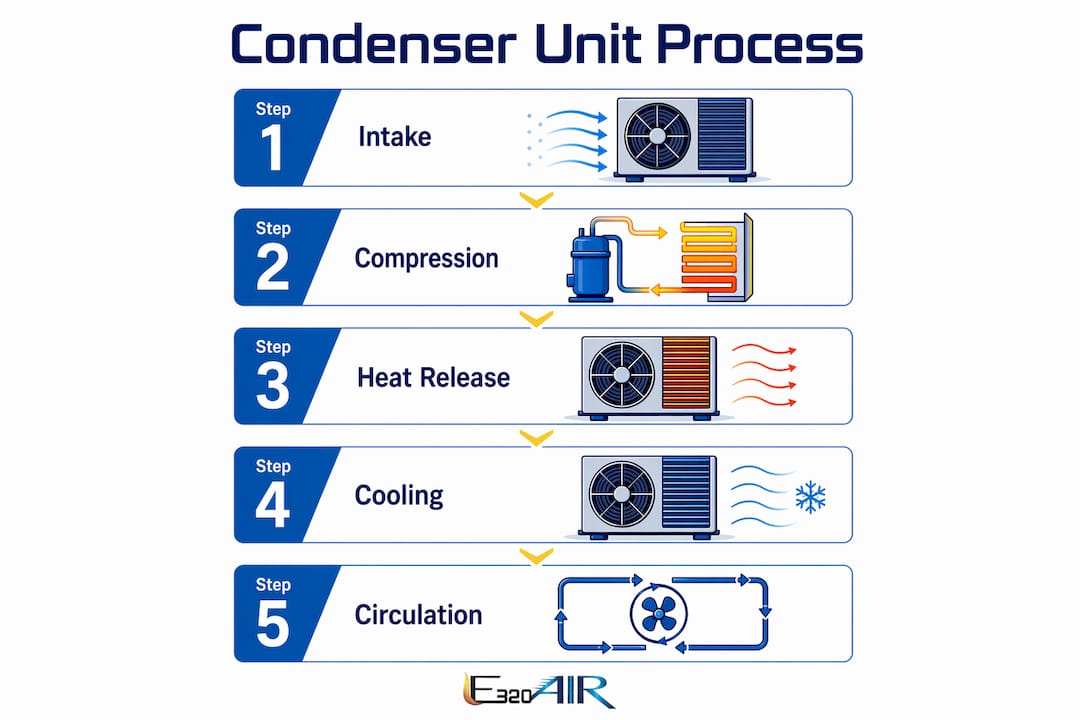 Infographic illustrating AC condenser step-by-step process
