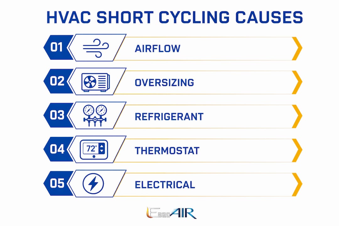 Infographic displaying 5 main HVAC short cycling causes