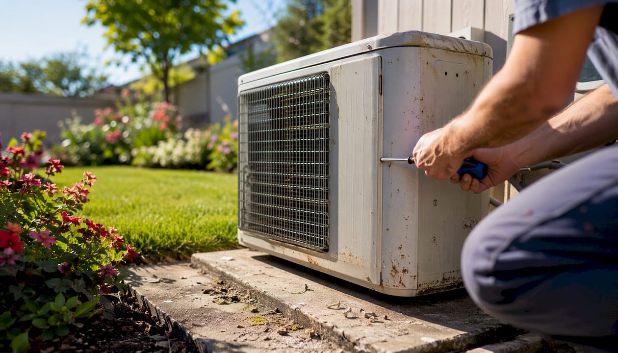 Hands tightening AC unit screws