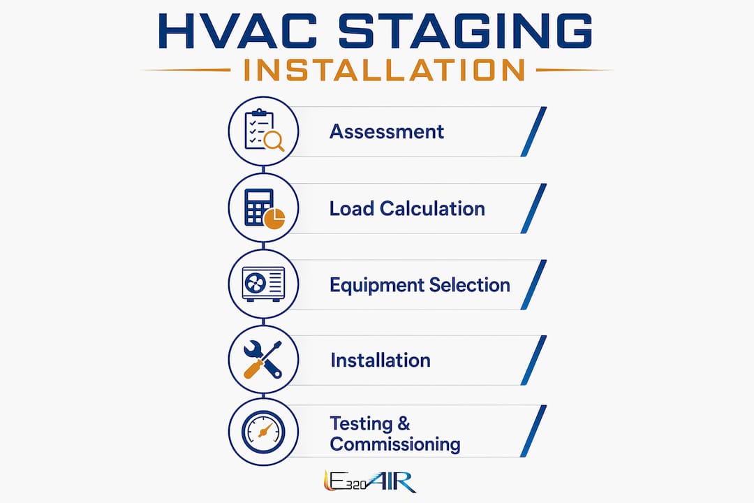 Infographic illustrating HVAC staging installation steps