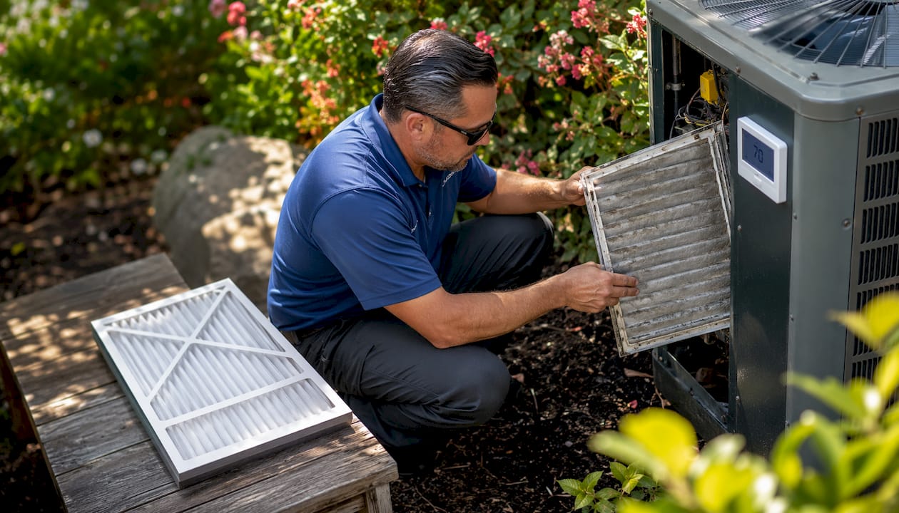 Technician replacing air filter and checking thermostat