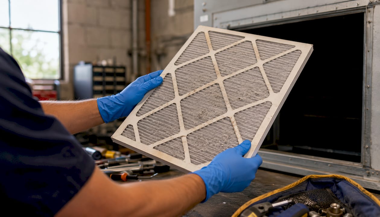 Hands holding air handler filter indoor maintenance