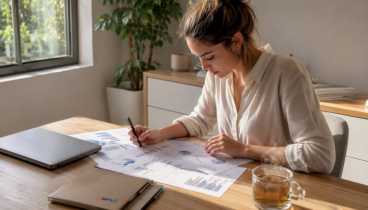 Woman reviewing HVAC energy reports at table