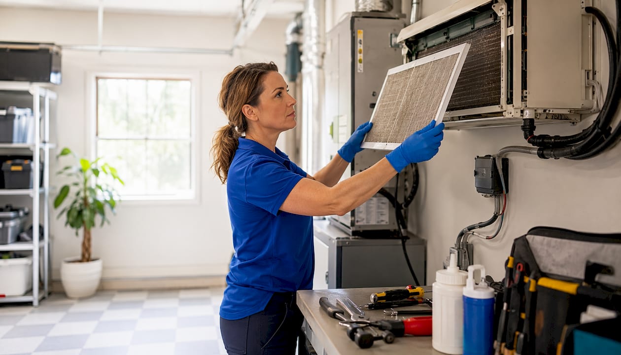Technician removing dirty AC filter indoors