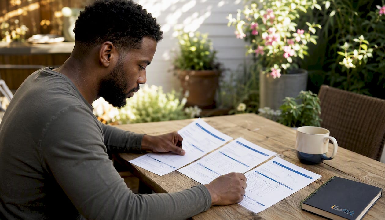 Hands examining written HVAC bids on kitchen counter