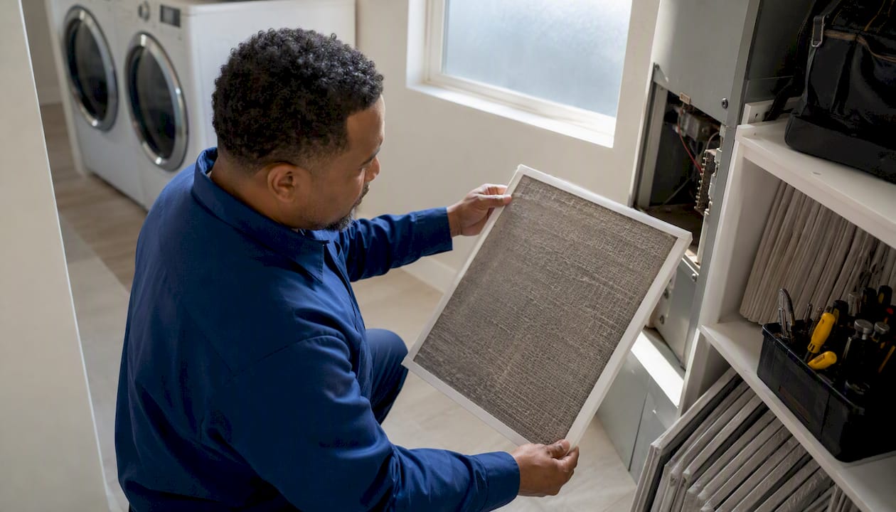 Technician cleaning furnace air filter indoors