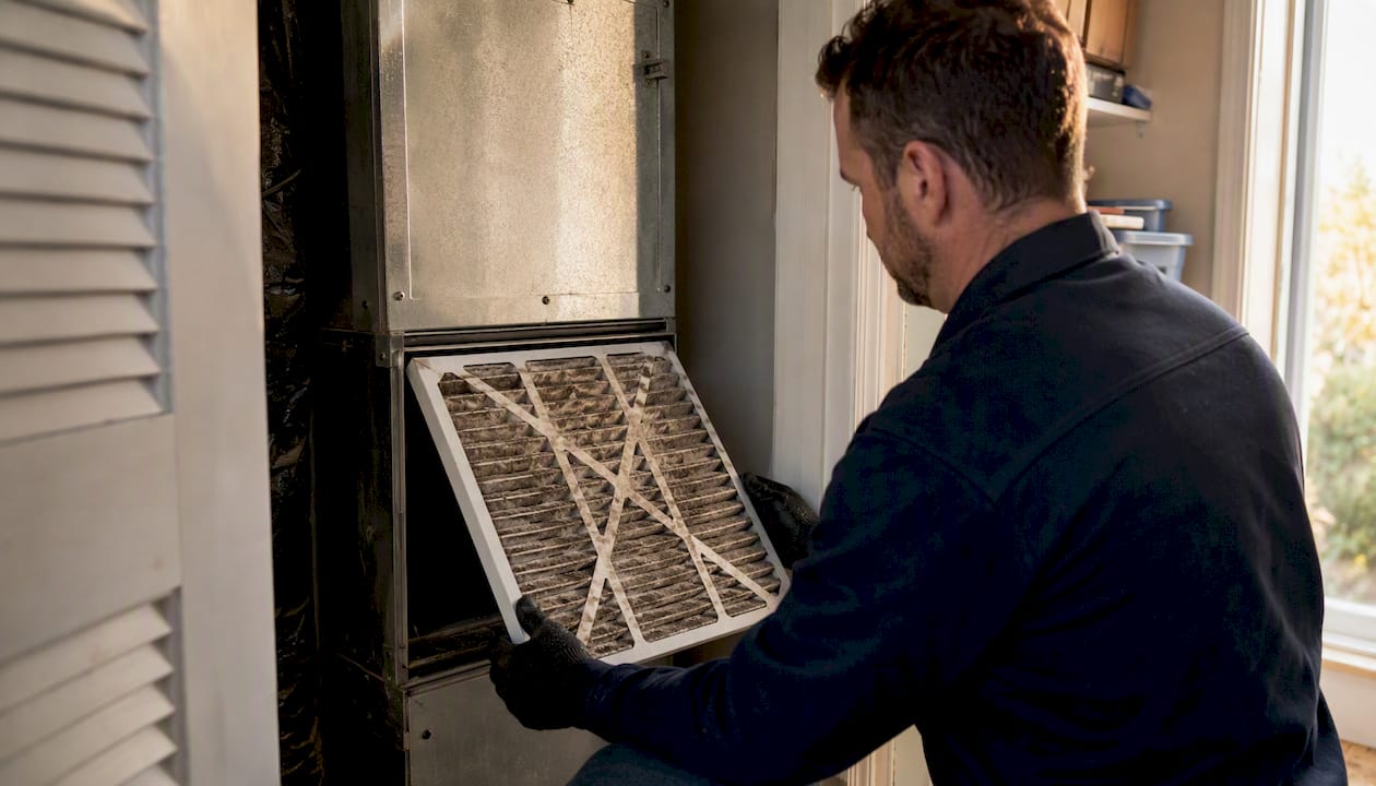Dirty HVAC air filter being removed