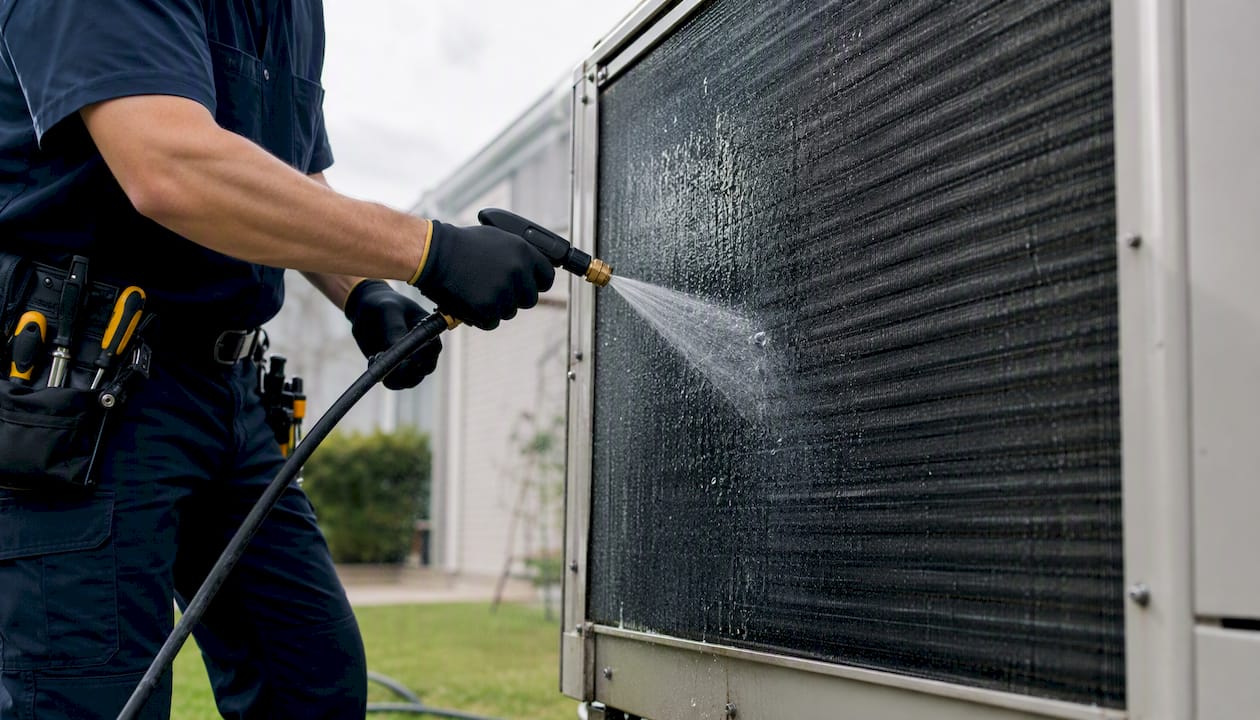Technician cleaning heat pump coil with water spray
