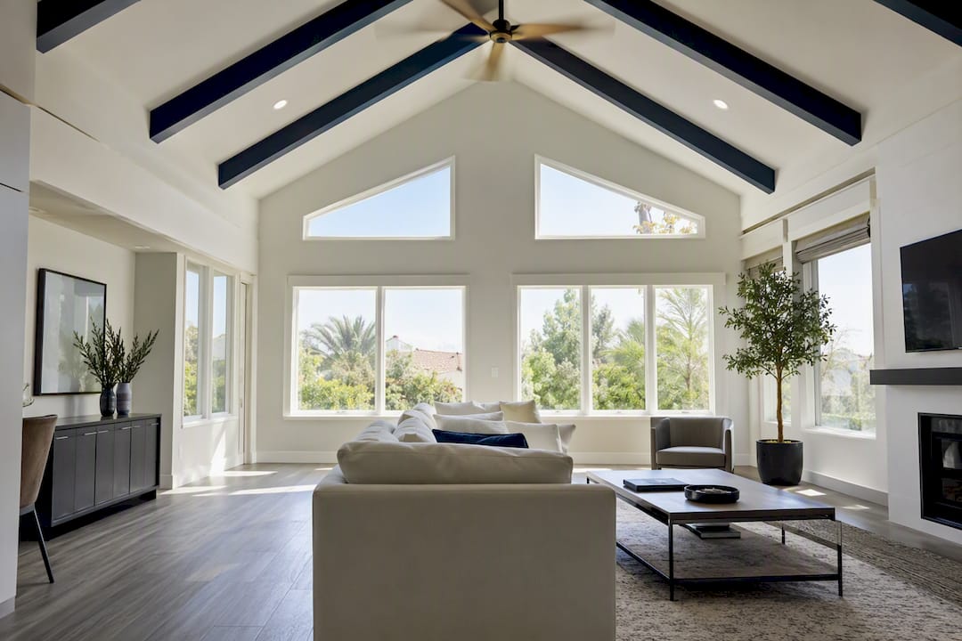 Vaulted ceiling living room with high volume