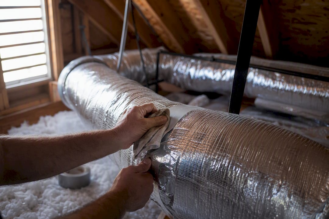 Close-up of HVAC duct joints being inspected