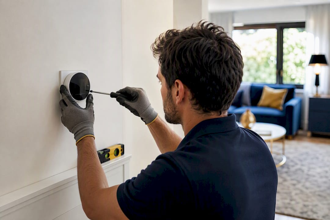 Hands installing thermostat on interior wall