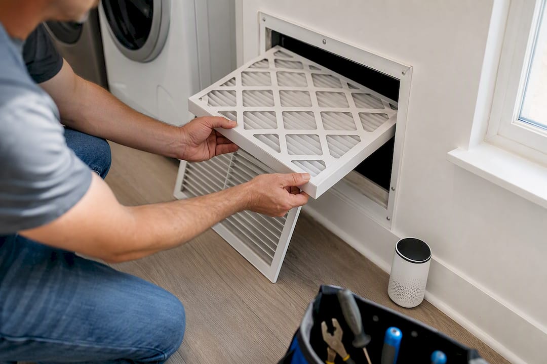 Hands inserting clean air filter into vent