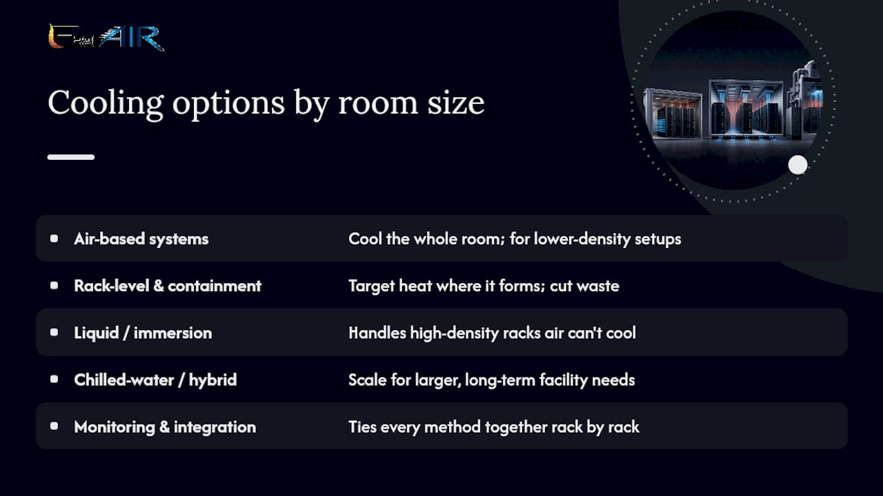 Comparison diagram of server room cooling methods by size and density