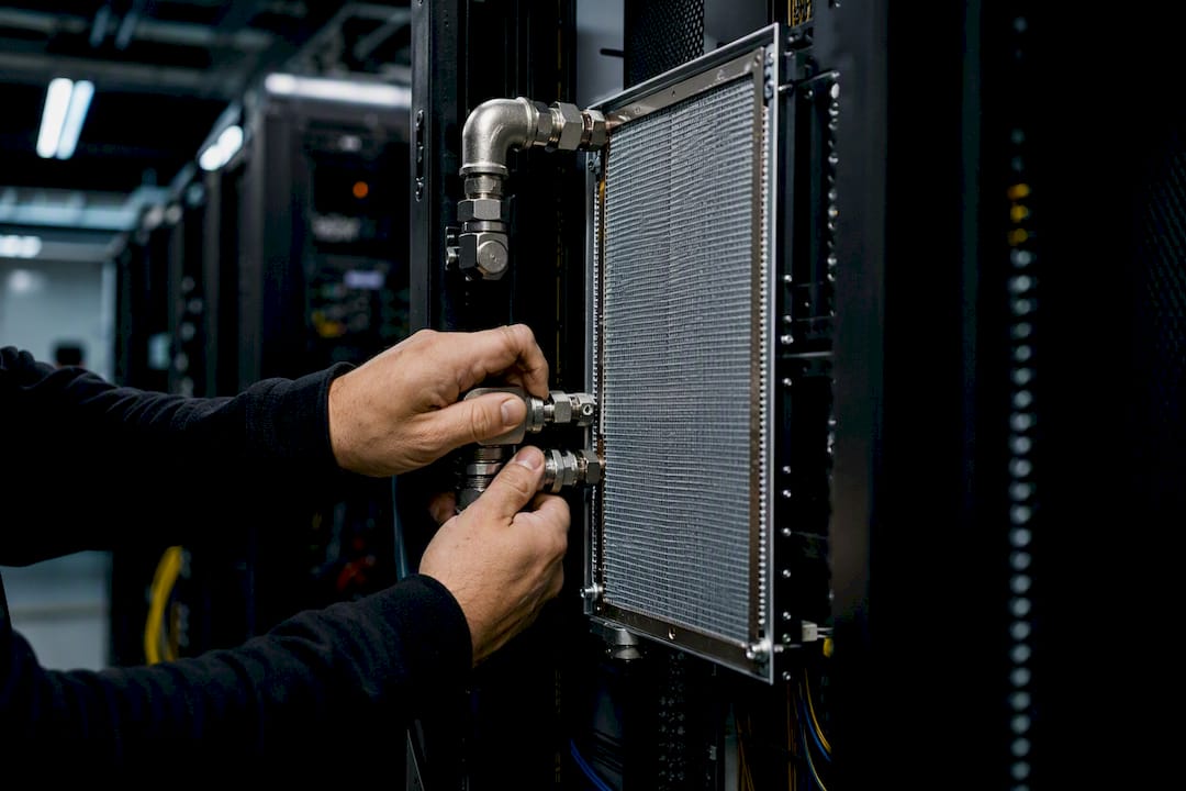 Hands installing rear-door heat exchanger on server rack