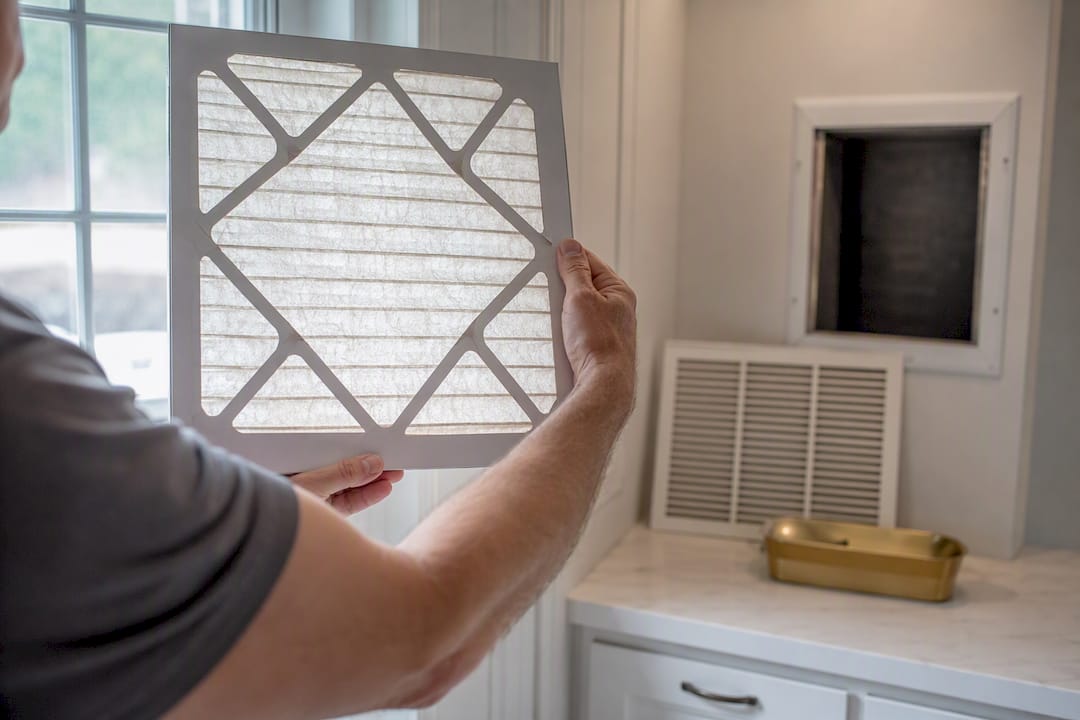 Homeowner checking filter against daylight