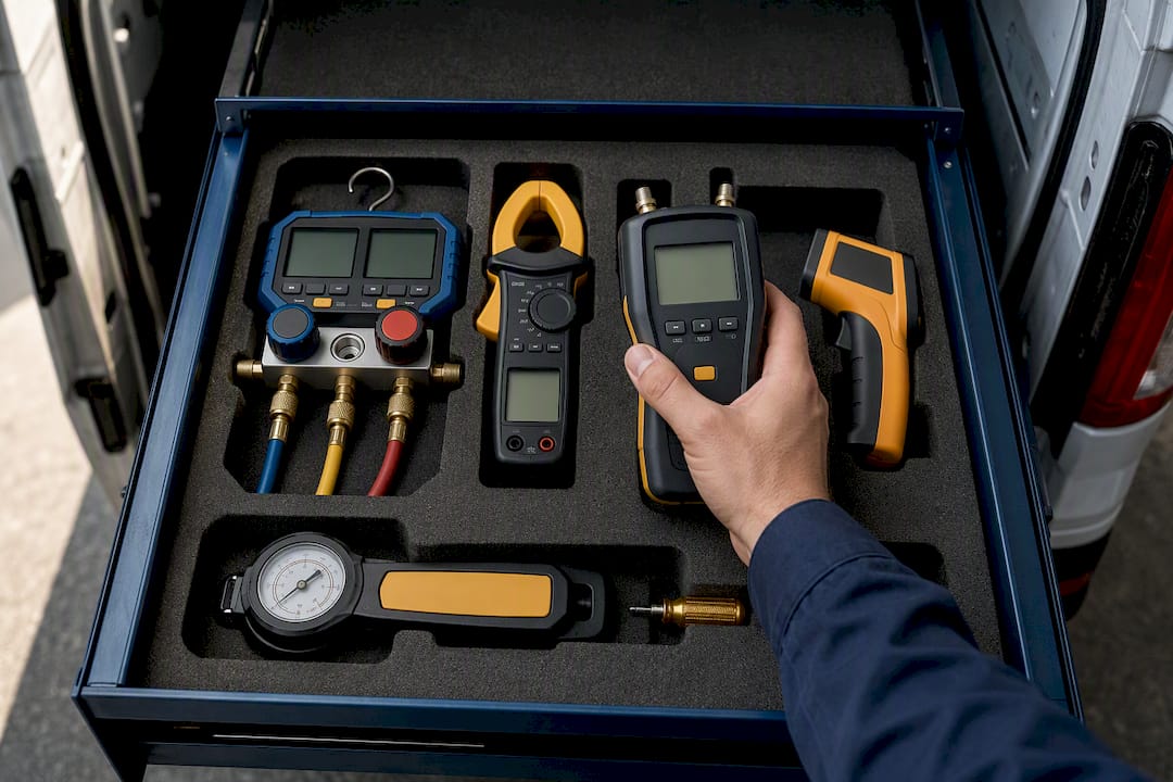 HVAC technician selecting diagnostic tools