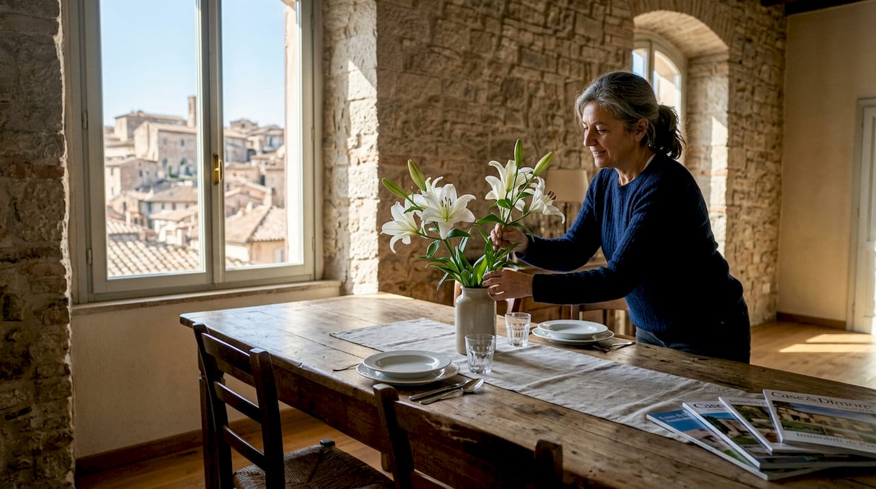 Un proprietario di casa che si dedica all'allestimento di una sala da pranzo elegante, curando ogni dettaglio per creare un ambiente raffinato e accogliente.