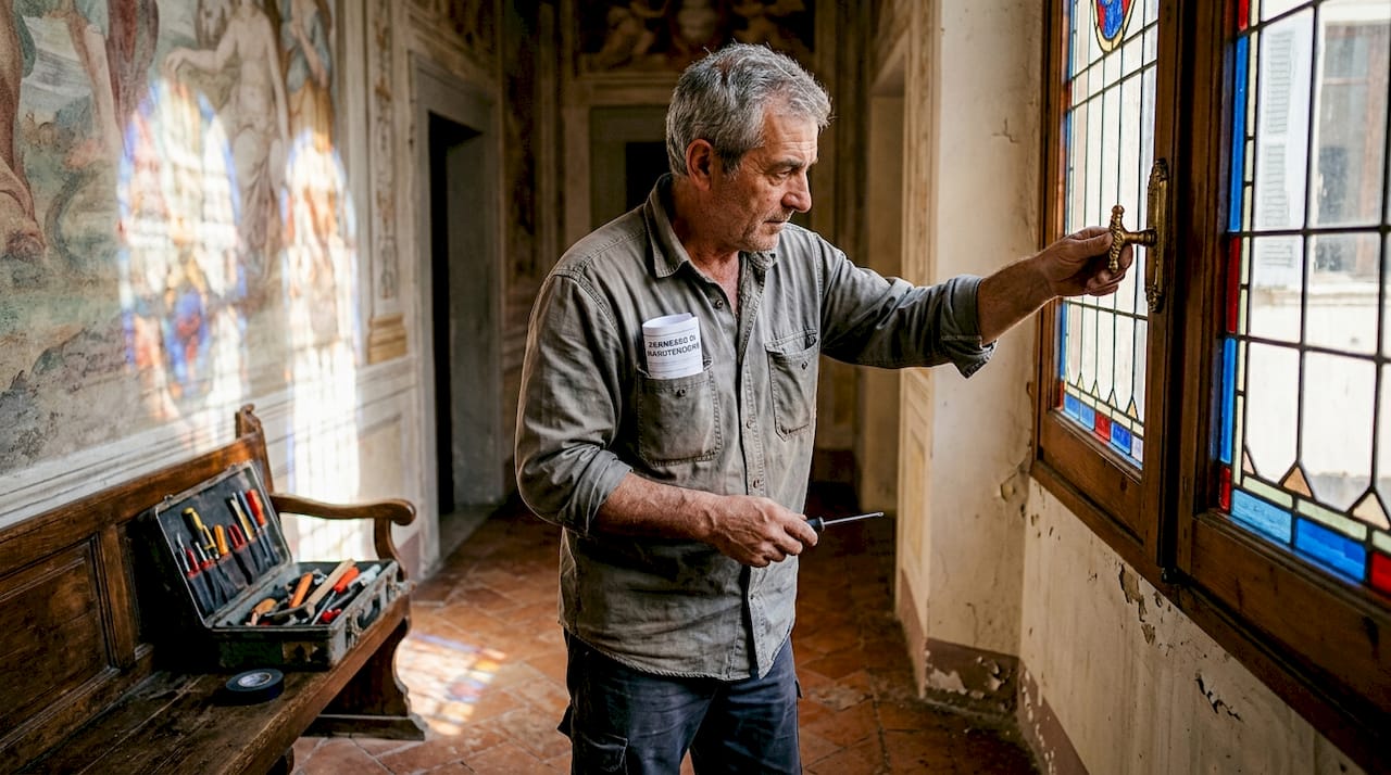 Operaio al lavoro sulla finestra di un antico palazzo