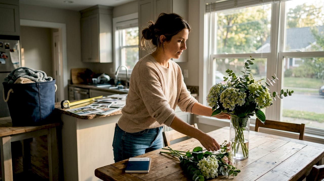 Un home stager sistema un mazzo di fiori freschi sul tavolo della cucina per aggiungere un tocco di eleganza e accoglienza all’ambiente.