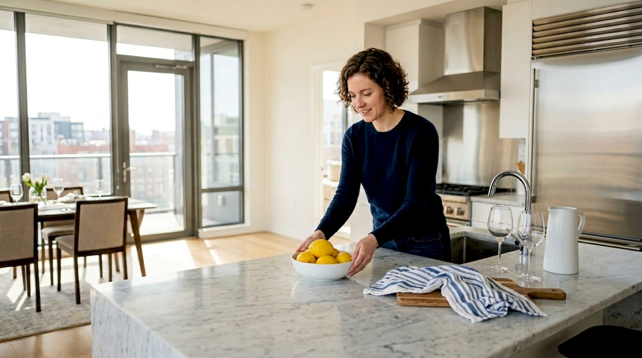 Un home stager sistema con cura la frutta per valorizzare una cucina elegante.