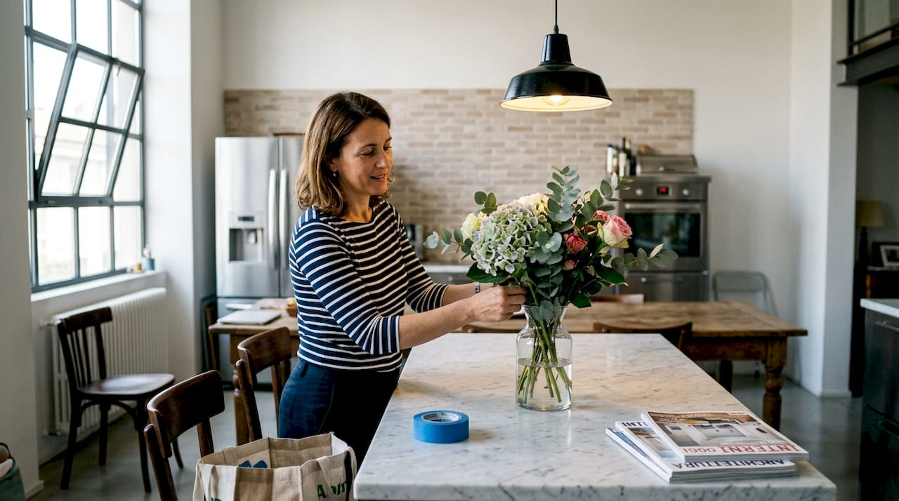 Una home stager sistema con cura dei fiori freschi sul tavolo della cucina per rendere l’appartamento più accogliente.