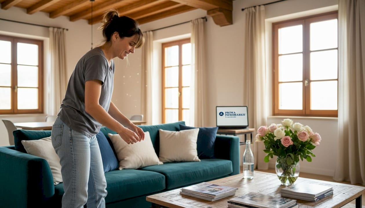 Home stager all’opera nella preparazione degli interni di una villa di lusso