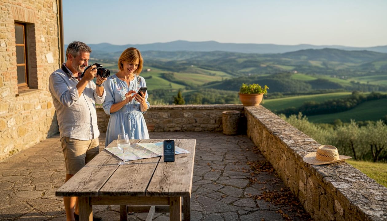 Coppia che si gode la terrazza di una villa immersa nella campagna umbra
