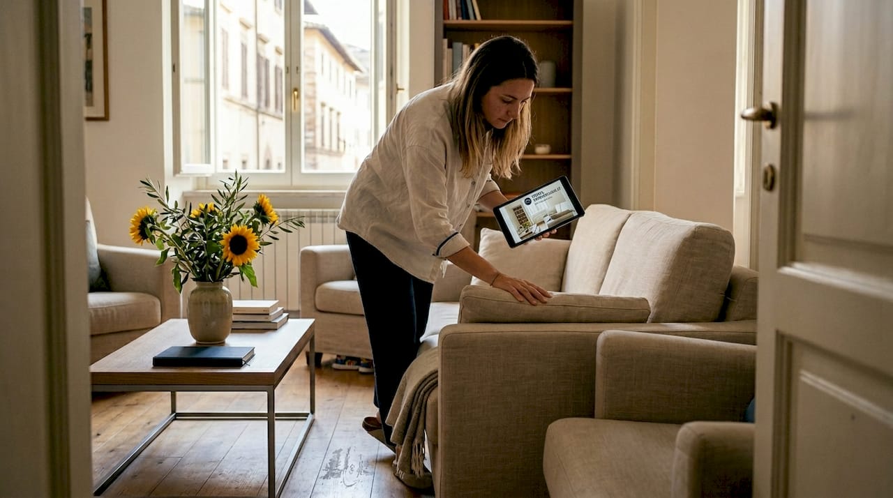 Home stager che sistema i dettagli del soggiorno