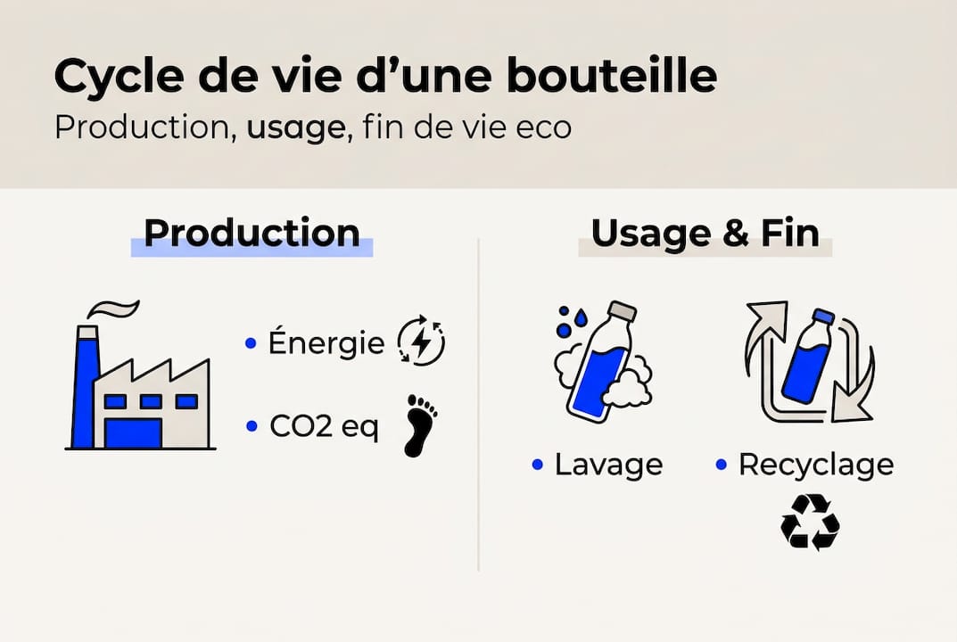 Impact écologique des bouteilles réutilisables : guide 2026 1 Visuel illustrant les différentes étapes du cycle de vie d’une bouteille réutilisable