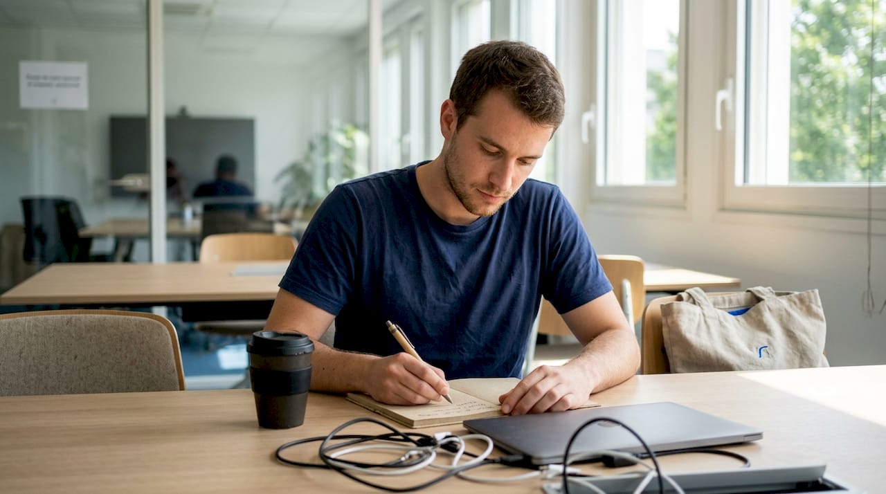 Top idées cadeaux éco-friendly pour entreprises : guide 2026 1 Un salarié prend des notes dans un carnet recyclé avec un stylo en bambou, pour une démarche plus écoresponsable au bureau.