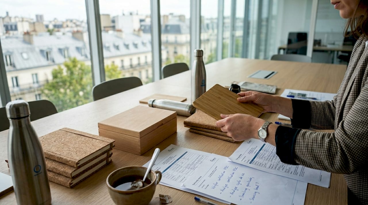 Personnalisation laser : cadeaux d'entreprise uniques et éco 1 Chargé de la démarche RSE, j’évalue les matériaux utilisés pour la fabrication des cadeaux afin de garantir leur impact environnemental réduit.