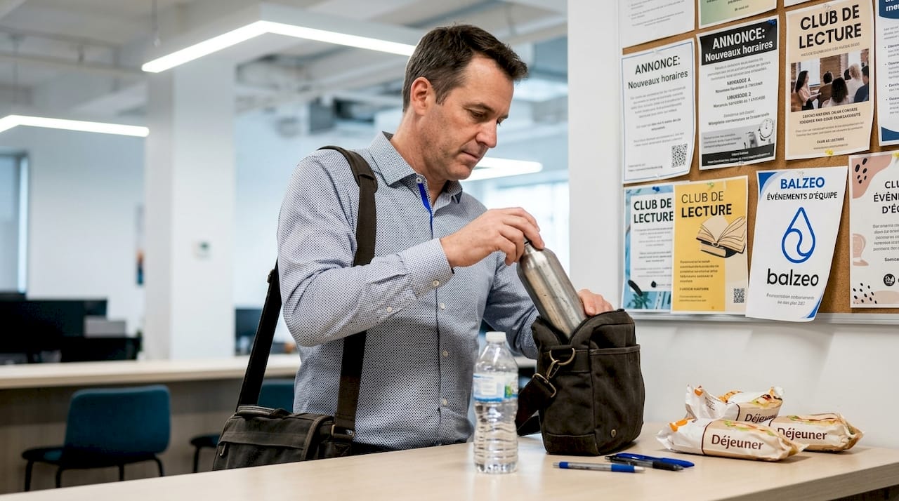 Gourde inox ou plastique ? Le guide comparatif pour bien choisir 2 On remarque dans les bureaux des gourdes en inox et en plastique qui ont déjà bien vécu, avec des traces d'usure visibles.