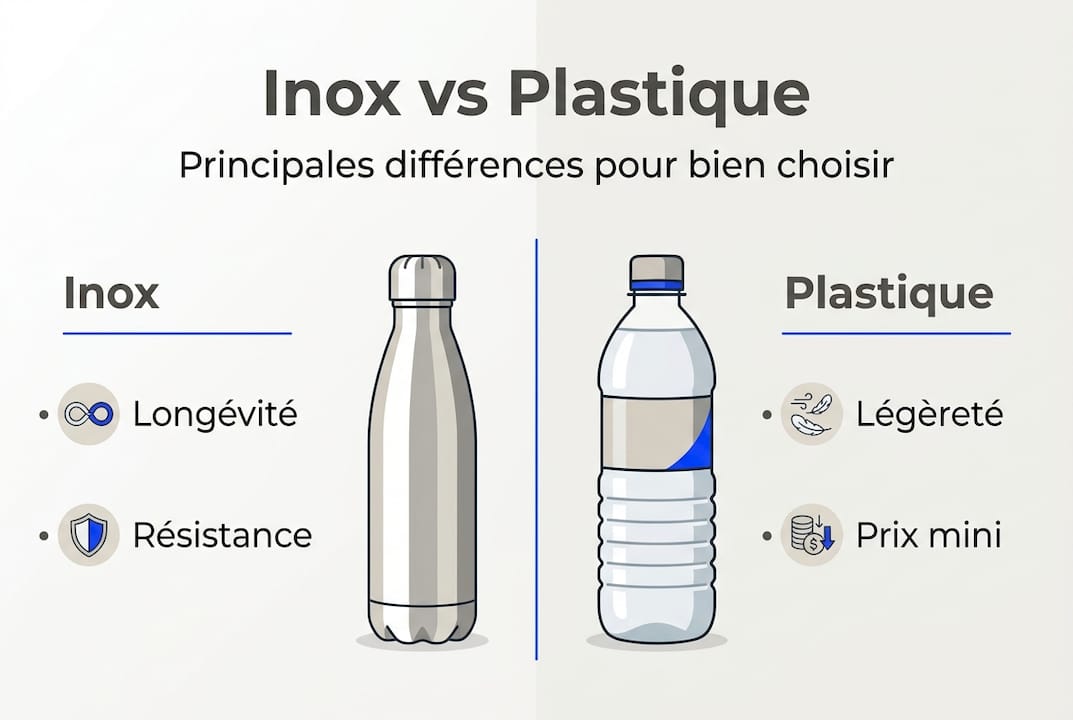 Gourde inox ou plastique ? Le guide comparatif pour bien choisir 1 Comparatif visuel : inox ou plastique, les points essentiels à retenir