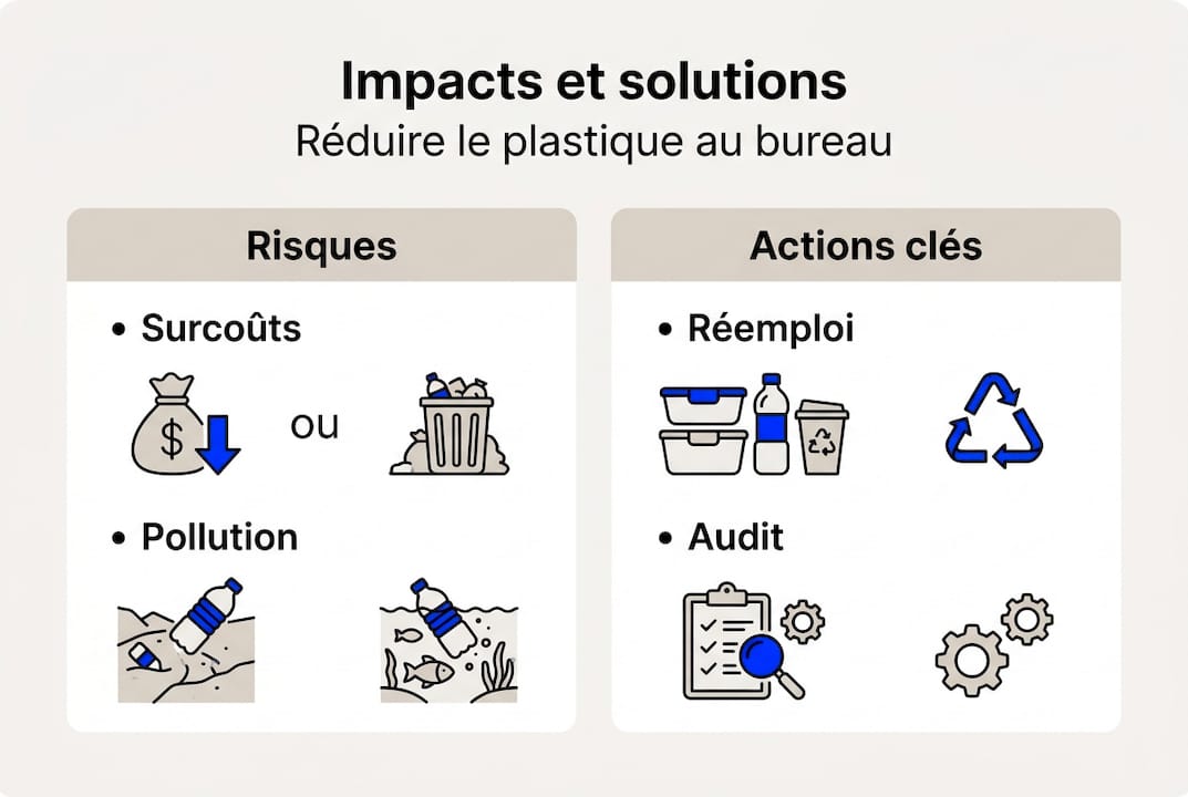 Réduire le plastique en entreprise : solutions et conseils 1 Visuel explicatif sur l’impact du plastique en entreprise et les solutions à adopter
