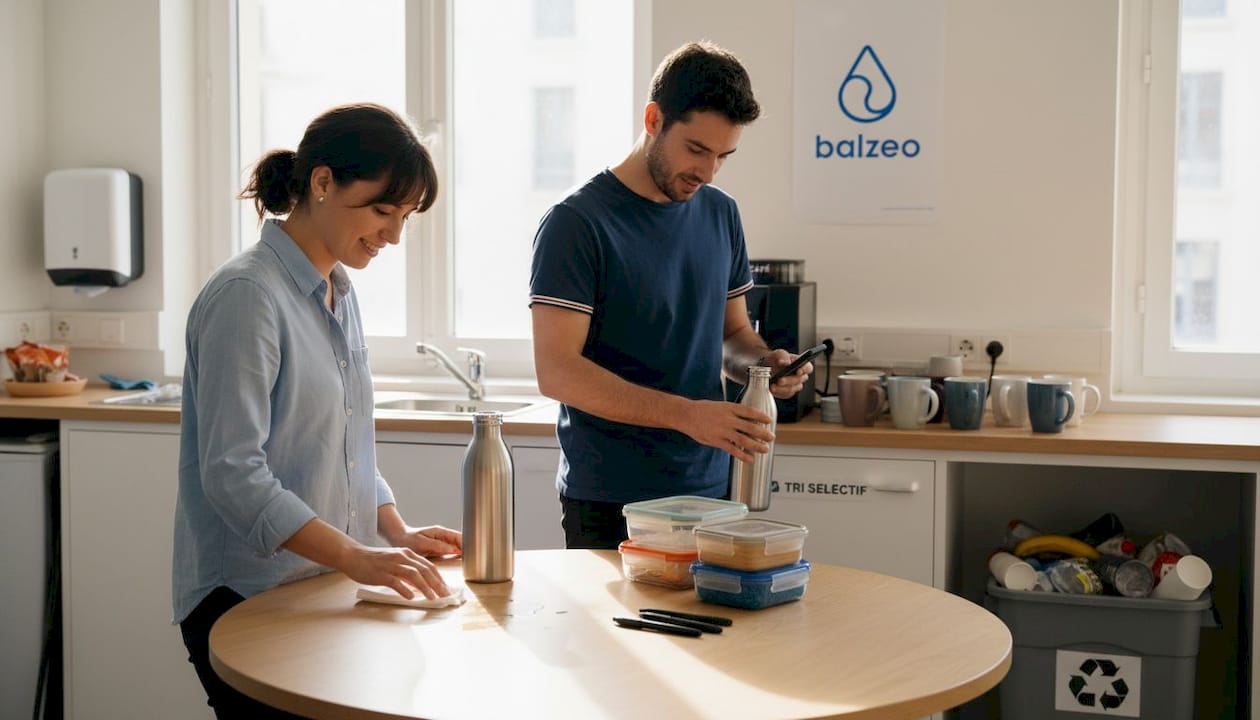 Gourdes inox en entreprise : un choix RSE gagnant 1 Des collègues remplissent leurs gourdes en inox dans la salle de pause.
